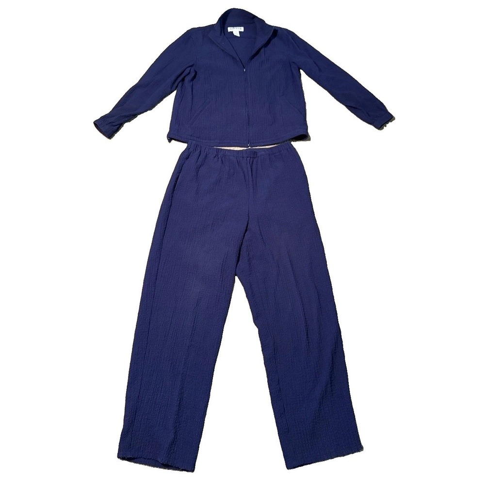 VTG Orvis Womens MP Navy Crinkle Rayon 2 Piece Jacket Pants Travel Set